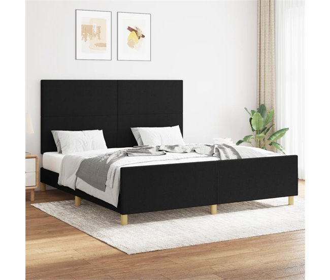 Conforama Estructura De Cama Con Cabecero De Tela Negro 160x200 Cm Diseño Plano