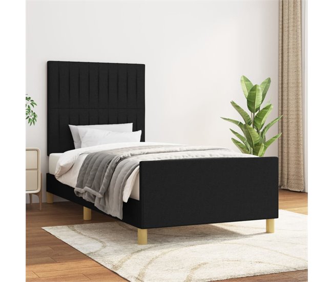 Conforama Estructura De Cama Con Cabecero De Tela Negro 90x190 Cm Rayas Verticales
