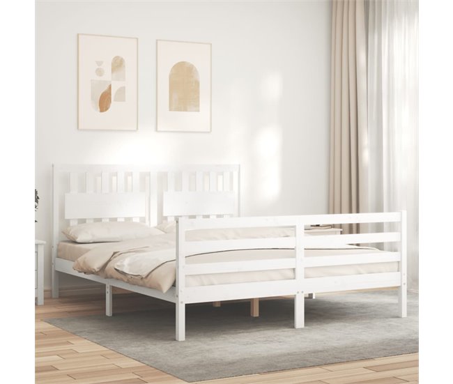 Conforama Estructura De Cama Con Cabecero Madera Maciza Blanco 160x200 Cm