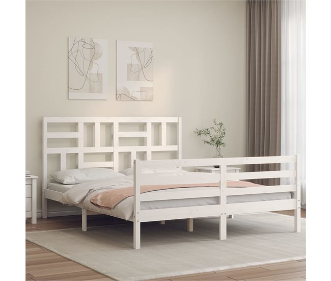 Conforama Estructura De Cama Con Cabecero Madera Maciza Blanco 160x200 Cm