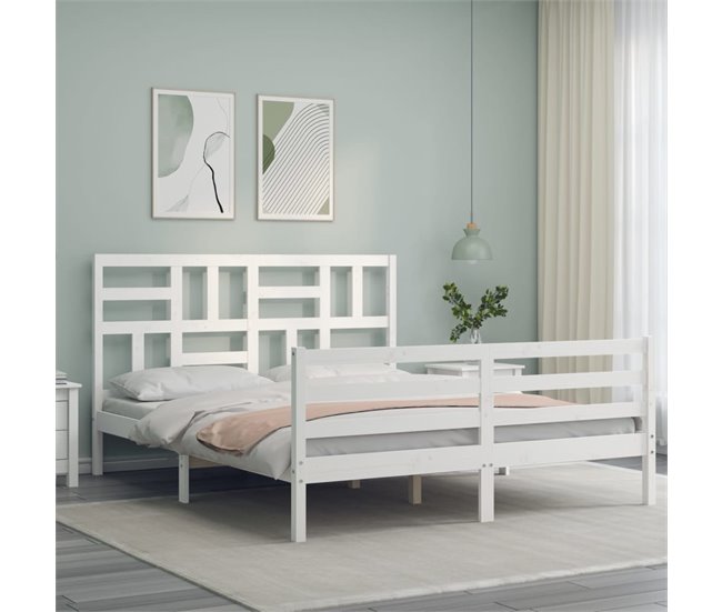 Conforama Estructura De Cama Con Cabecero Madera Maciza Blanco 160x200 Cm
