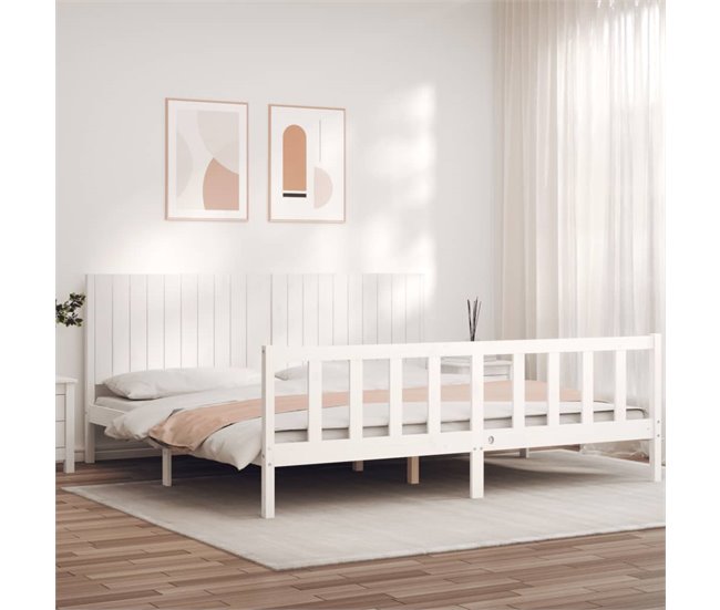 Conforama Estructura De Cama Con Cabecero Madera Maciza Blanco 200x200 Cm