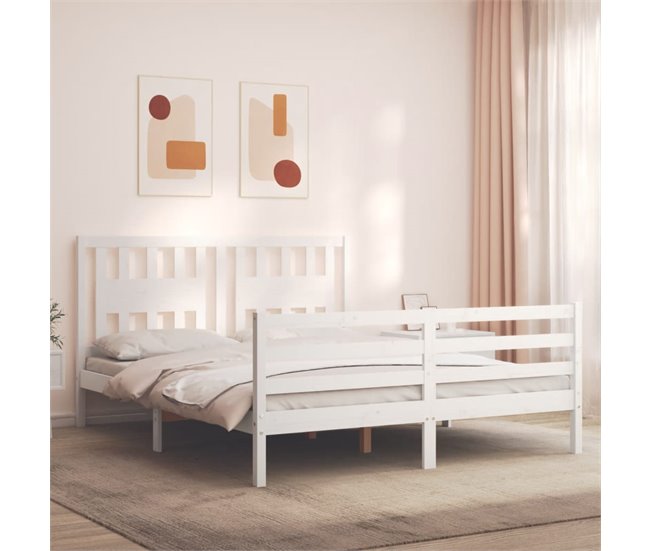 Conforama Estructura De Cama Con Cabecero Madera Maciza Blanco 160x200 Cm