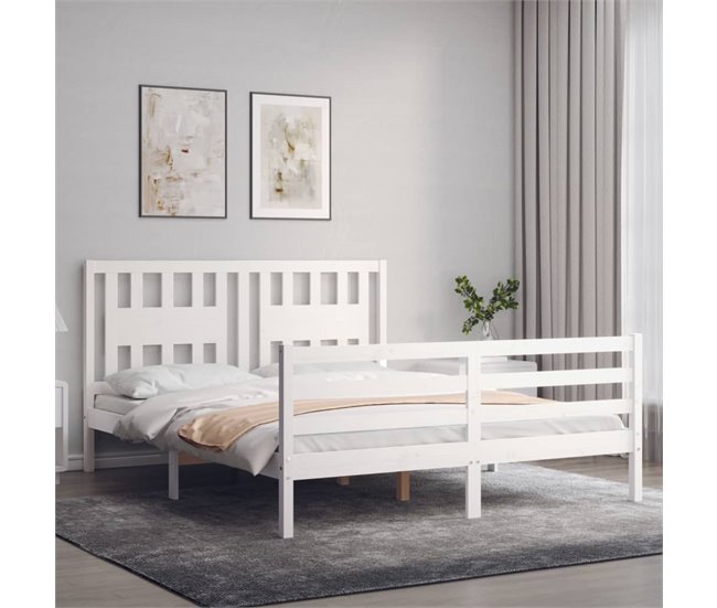 Conforama Estructura De Cama Con Cabecero Madera Maciza Blanco 160x200 Cm