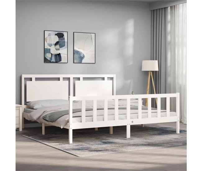 Conforama Estructura De Cama Con Cabecero Madera Maciza Blanco 180x200 Cm