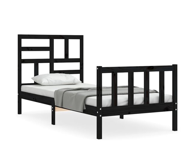 Conforama Estructura de cama con cabecero madera maciza negro