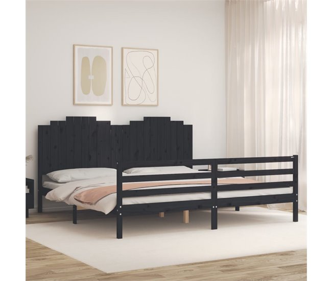 Conforama Estructura De Cama Con Cabecero Madera Maciza Negro 200x200 Cm