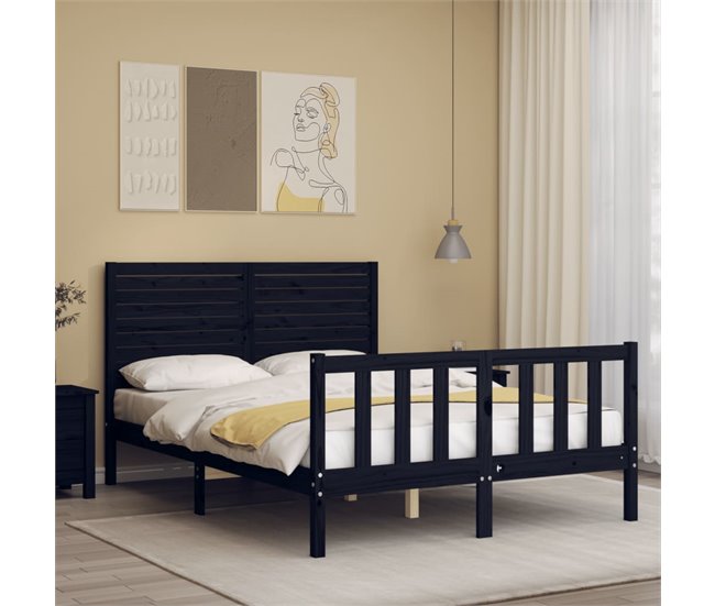 Conforama Estructura De Cama Con Cabecero Madera Maciza Negro 140x190 Cm