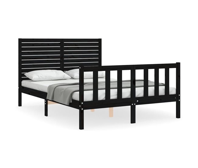 Conforama Estructura de cama con cabecero madera maciza negro 140x190 cm
