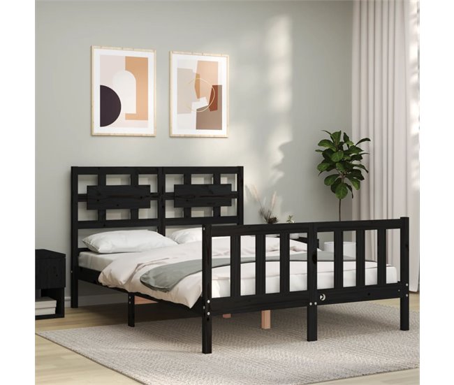 Conforama Estructura De Cama Con Cabecero Madera Maciza Negro 140x190 Cm