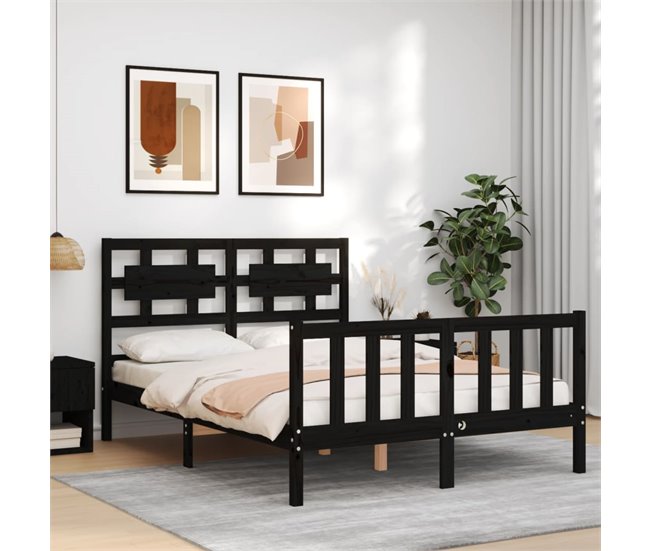 Conforama Estructura De Cama Con Cabecero Madera Maciza Negro 140x190 Cm
