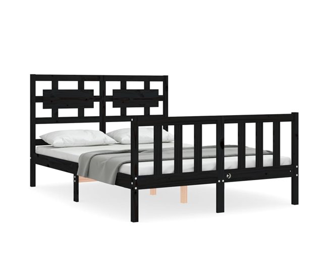 Conforama Estructura de cama con cabecero madera maciza negro 140x190 cm