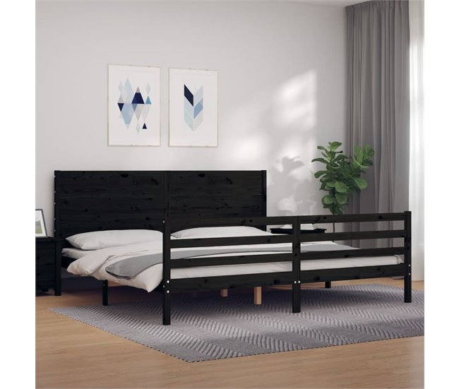 Conforama Estructura De Cama Con Cabecero Madera Maciza Negro 200x200 Cm