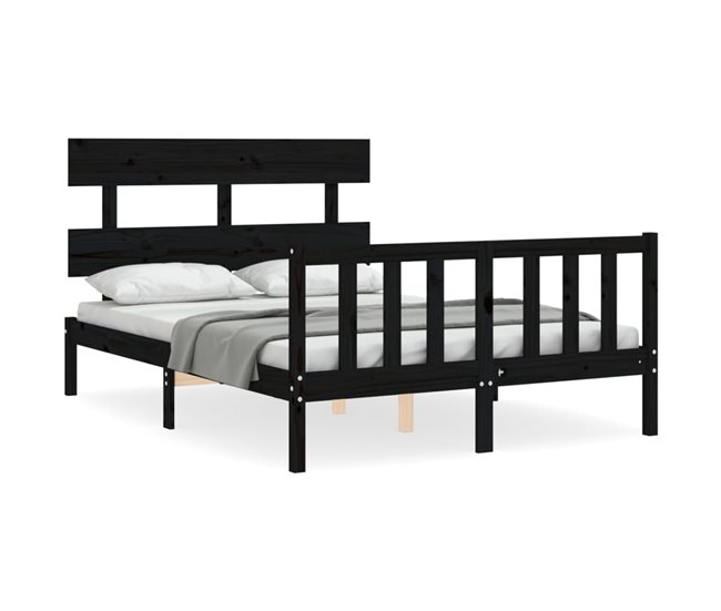 Conforama Estructura de cama con cabecero madera maciza negro 140x190 cm con cabecero y pie de cama