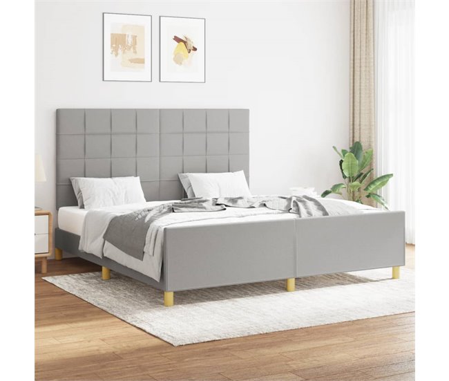 Conforama Estructura De Cama Con Cabecero Tela Gris Claro 160x200 Cm Bloques Con Cuadros