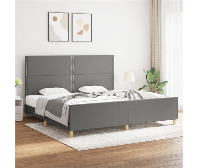 Conforama Estructura De Cama Con Cabecero Tela Gris Oscuro 200x200 Cm Liso Con Clavos