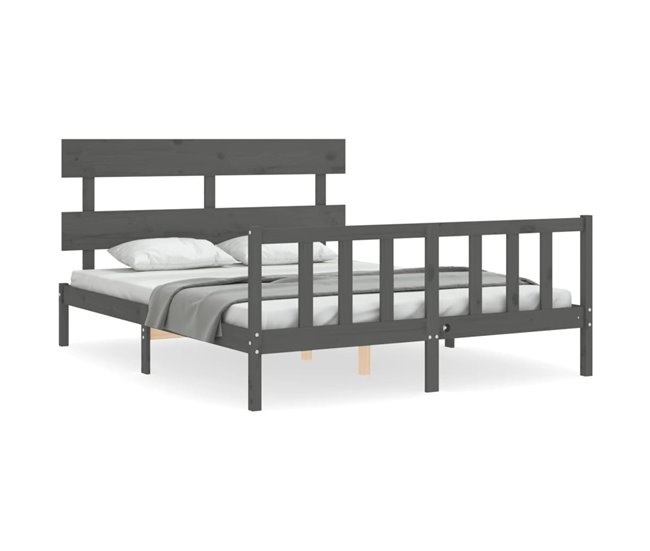 Conforama Estructura de cama matrimonio con cabecero madera maciza gris con cabecero y pie de cama