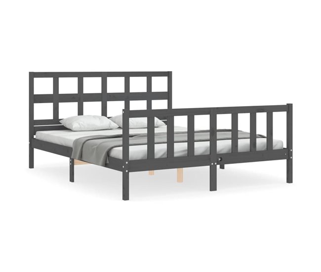 Conforama Estructura de cama matrimonio con cabecero madera maciza gris