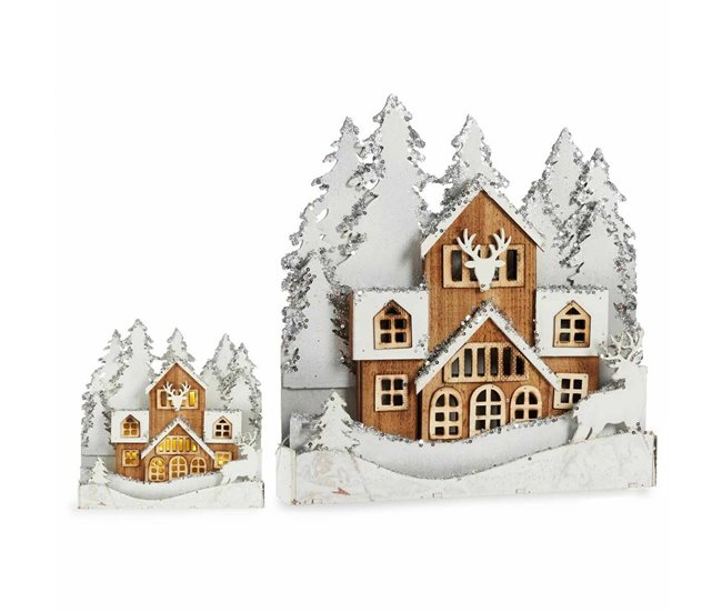 Conforama Figura Decorativa Luz Pueblo Blanco Marrón Madera 44 X 43 X 6 Cm (4 Unidades)