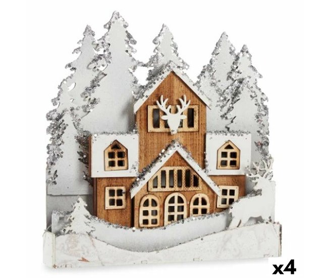 Conforama Figura Decorativa Luz Pueblo Blanco Marrón Madera 44 x 43 x 6 cm (4 Unidades)