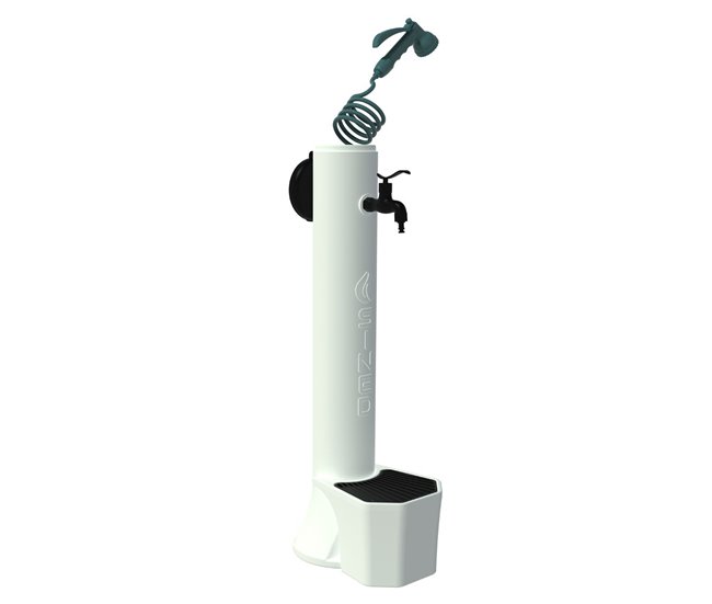 Conforama Fuente de jardín blanca con agua fría equipada con manguera. Bandeja de recogida de agua con rejilla de aluminio para recoger las hojas. Manguera flexible interna. Doble conexión de agua. Para actividades al aire li