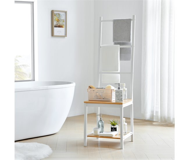 Conforama Galán De Noche Juuka Bambú Con 2 Estantes Y 3 Barras 133 X 40 X 42 Cm Blanco Natural [en.casa]