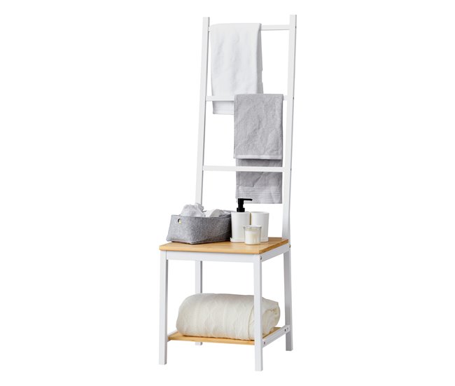 Conforama Galán de noche Juuka bambú con 2 estantes y 3 barras 133 x 40 x 42 cm blanco natural [en.casa]