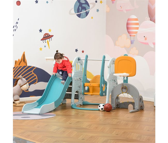 Conforama HOMCOM 5 En 1 Tobogán Y Columpio Para Niños +18 Meses Con 2 Canastas De Baloncesto Portería Fútbol Con Asiento Ajustable Parque Infantil Interior Y Exterior 210x186x133 Cm Multicolor