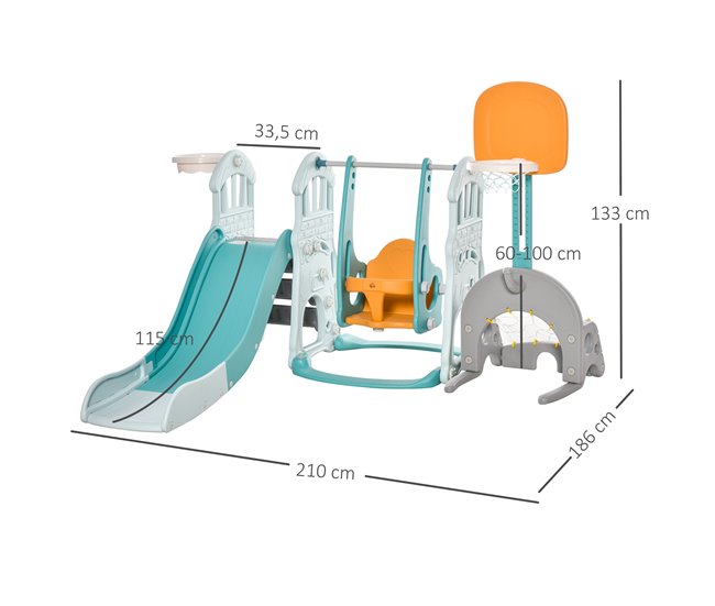 Conforama HOMCOM 5 En 1 Tobogán Y Columpio Para Niños +18 Meses Con 2 Canastas De Baloncesto Portería Fútbol Con Asiento Ajustable Parque Infantil Interior Y Exterior 210x186x133 Cm Multicolor