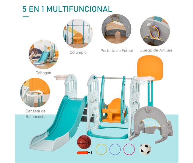 Conforama HOMCOM 5 En 1 Tobogán Y Columpio Para Niños +18 Meses Con 2 Canastas De Baloncesto Portería Fútbol Con Asiento Ajustable Parque Infantil Interior Y Exterior 210x186x133 Cm Multicolor
