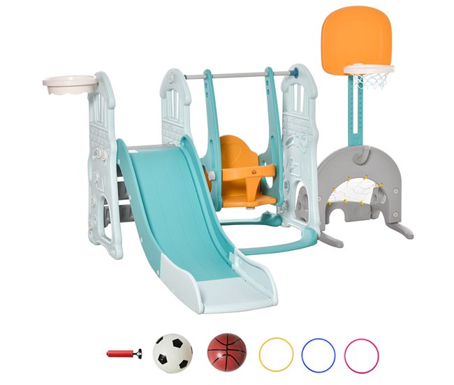 Conforama HOMCOM 5 en 1 Tobogán y Columpio para Niños +18 Meses con 2 Canastas de Baloncesto Portería Fútbol con Asiento Ajustable Parque Infantil Interior y Exterior 210x186x133 cm Multicolor