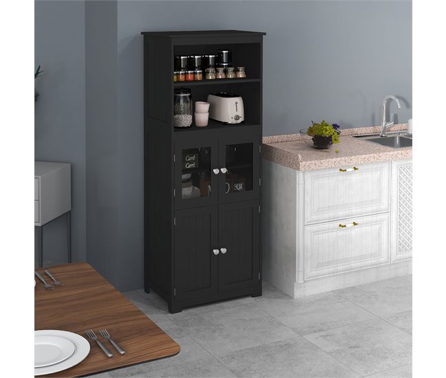 Conforama HOMCOM Alacena De Cocina Aparador De Comedor Armario De Cocina Con 4 Puertas 2 Estantes Abiertos Y Estante Ajustable Para Salón 60x30x162 Cm Negro
