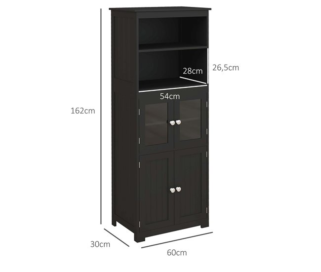 Conforama HOMCOM Alacena De Cocina Aparador De Comedor Armario De Cocina Con 4 Puertas 2 Estantes Abiertos Y Estante Ajustable Para Salón 60x30x162 Cm Negro