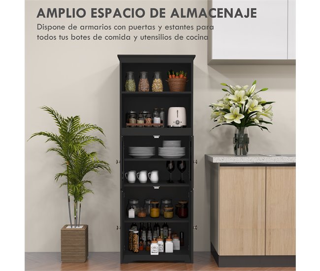 Conforama HOMCOM Alacena De Cocina Aparador De Comedor Armario De Cocina Con 4 Puertas 2 Estantes Abiertos Y Estante Ajustable Para Salón 60x30x162 Cm Negro