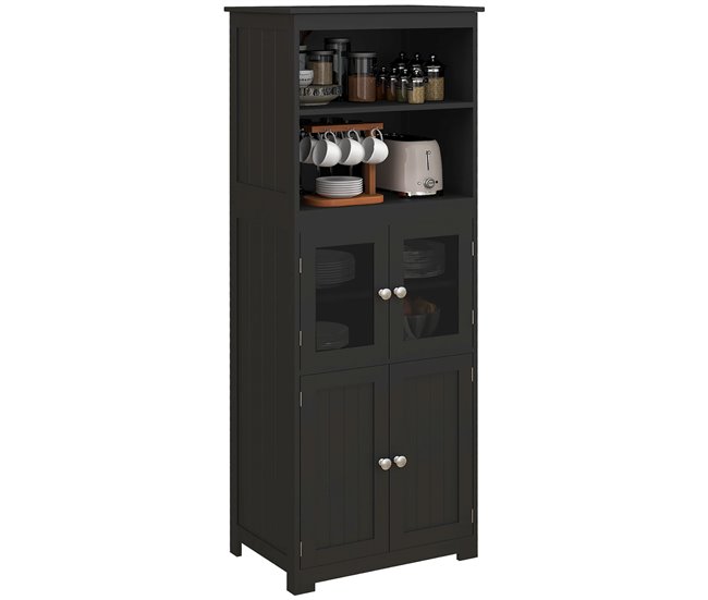 Conforama HOMCOM Alacena de Cocina Aparador de Comedor Armario de Cocina con 4 Puertas 2 Estantes Abiertos y Estante Ajustable para Salón 60x30x162 cm Negro