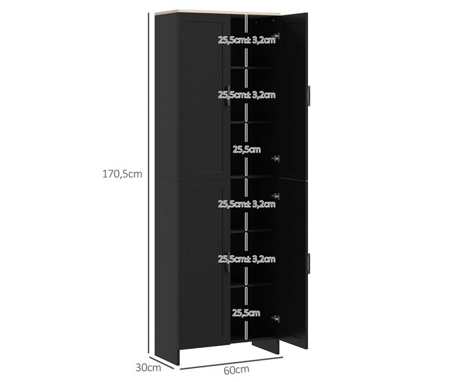 Conforama HOMCOM Alacena De Cocina Armario De Cocina Mueble Auxiliar De Cocina Con Puertas Y Estantes Ajustables Antivuelco Para Comedor Salón 60x30x170 5 Cm Negro