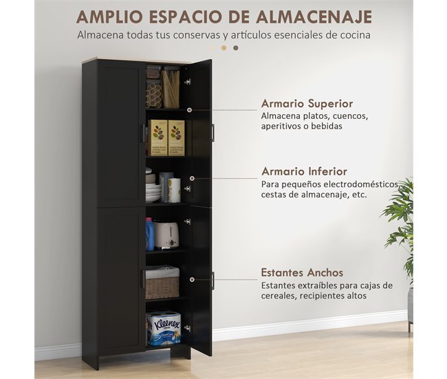 Conforama HOMCOM Alacena De Cocina Armario De Cocina Mueble Auxiliar De Cocina Con Puertas Y Estantes Ajustables Antivuelco Para Comedor Salón 60x30x170 5 Cm Negro
