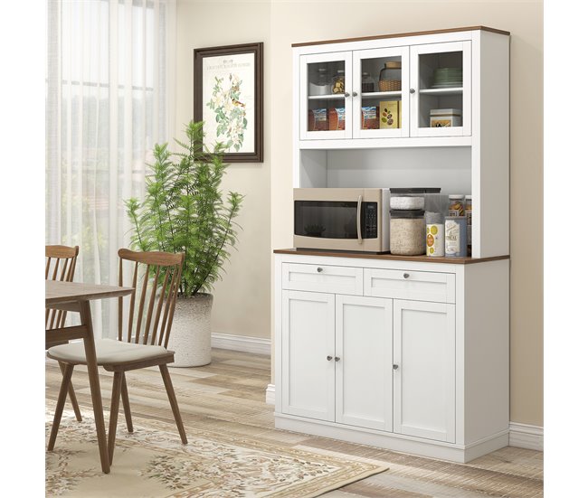 Conforama HOMCOM Alacena De Cocina Mueble Auxiliar De Cocina Armario De Cocina Con 3 Puertas De Vidrio Compartimento Abierto 2 Cajones Y Estantes Ajustables 100x40x180 Cm Blanco