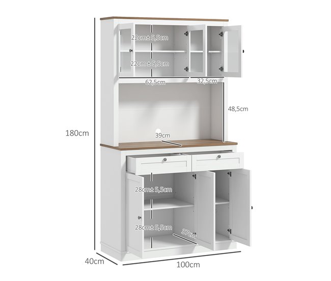 Conforama HOMCOM Alacena De Cocina Mueble Auxiliar De Cocina Armario De Cocina Con 3 Puertas De Vidrio Compartimento Abierto 2 Cajones Y Estantes Ajustables 100x40x180 Cm Blanco