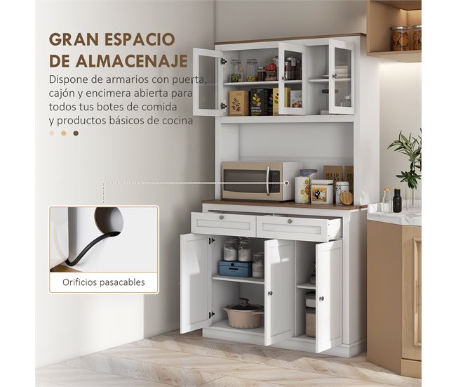 Conforama HOMCOM Alacena De Cocina Mueble Auxiliar De Cocina Armario De Cocina Con 3 Puertas De Vidrio Compartimento Abierto 2 Cajones Y Estantes Ajustables 100x40x180 Cm Blanco