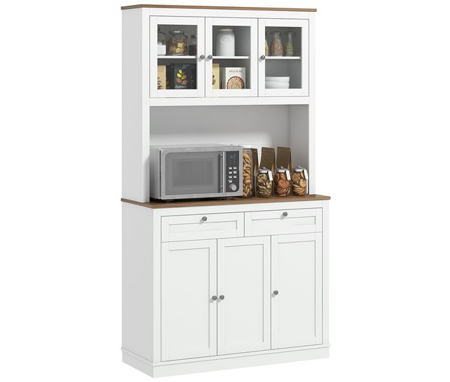 Conforama HOMCOM Alacena de Cocina Mueble Auxiliar de Cocina Armario de Cocina con 3 Puertas de Vidrio Compartimento Abierto 2 Cajones y Estantes Ajustables 100x40x180 cm Blanco