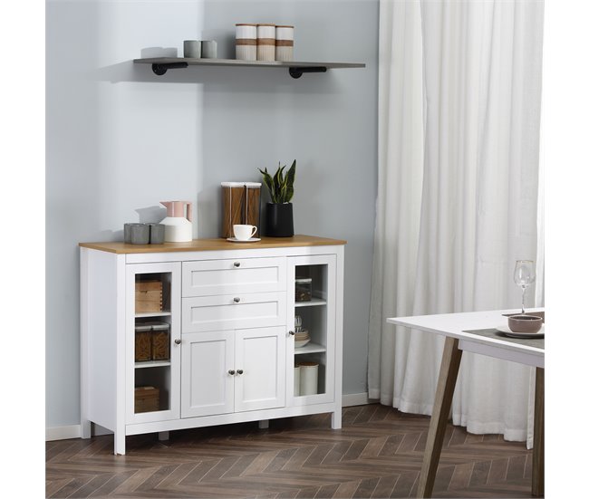 Conforama HOMCOM Aparador De Cocina Con Armario 2 Cajones 2 Puertas De Vidrio Y Estantes Ajustables Muebles Auxiliar De Almacenaje Para Comedor Salón 120x40x90 Cm Blanco