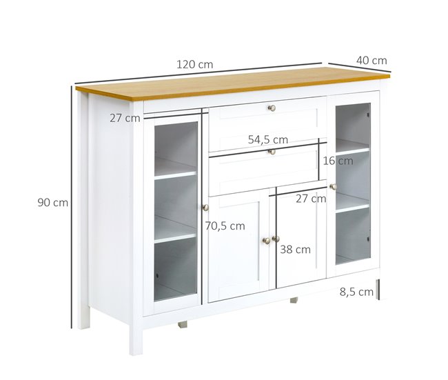 Conforama HOMCOM Aparador De Cocina Con Armario 2 Cajones 2 Puertas De Vidrio Y Estantes Ajustables Muebles Auxiliar De Almacenaje Para Comedor Salón 120x40x90 Cm Blanco
