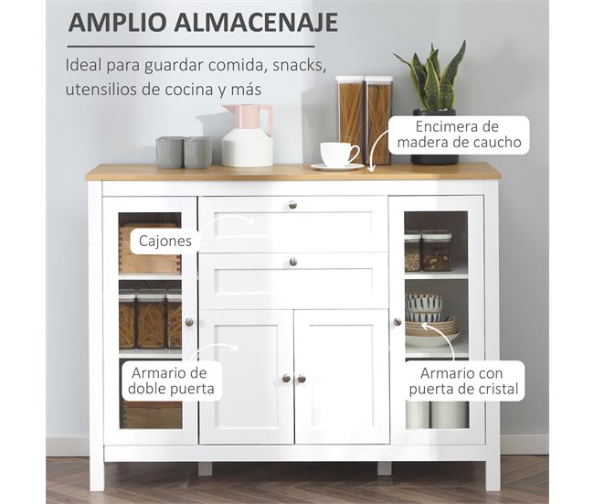 Conforama HOMCOM Aparador De Cocina Con Armario 2 Cajones 2 Puertas De Vidrio Y Estantes Ajustables Muebles Auxiliar De Almacenaje Para Comedor Salón 120x40x90 Cm Blanco