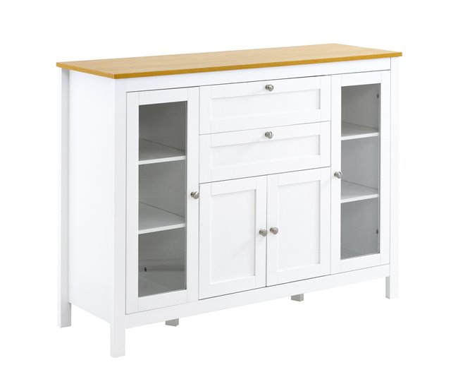 Conforama HOMCOM Aparador de Cocina con Armario 2 Cajones 2 Puertas de Vidrio y Estantes Ajustables Muebles Auxiliar de Almacenaje para Comedor Salón 120x40x90 cm Blanco