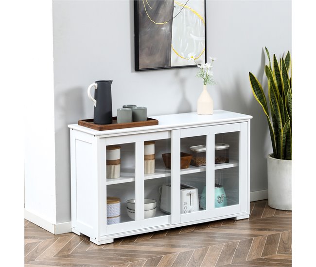 Conforama HOMCOM Aparador De Cocina Moderno Aparador Apilable Mueble Auxiliar De Cocina Con 2 Puertas Corredizas De Vidrio Y Estante Ajustable Para Salón Comedor 107x33x62 5 Cm Blanco