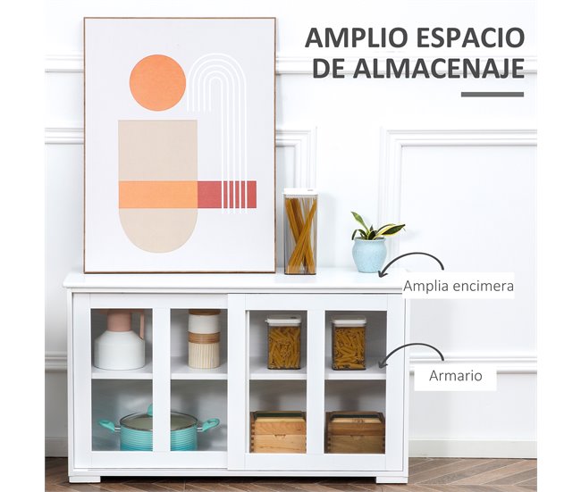 Conforama HOMCOM Aparador De Cocina Moderno Aparador Apilable Mueble Auxiliar De Cocina Con 2 Puertas Corredizas De Vidrio Y Estante Ajustable Para Salón Comedor 107x33x62 5 Cm Blanco