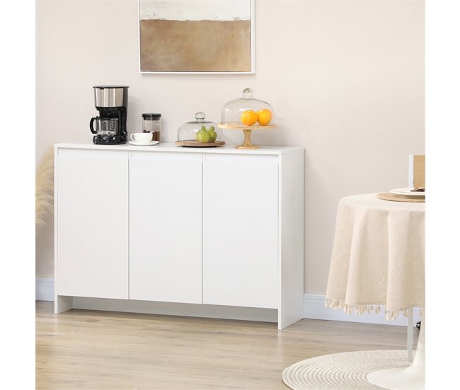Conforama HOMCOM Aparador De Cocina Moderno Mueble Aparador Con 3 Puertas Estantes Ajustables Y Cierre Suave Soporte Para Televisores 120x35x85 Cm Blanco