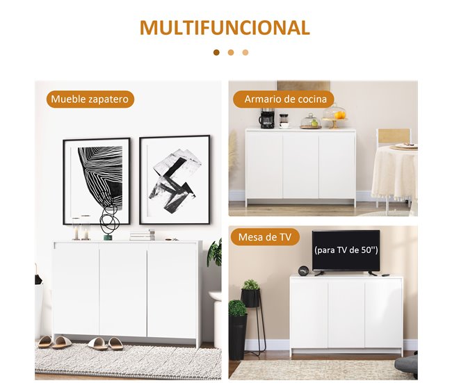 Conforama HOMCOM Aparador De Cocina Moderno Mueble Aparador Con 3 Puertas Estantes Ajustables Y Cierre Suave Soporte Para Televisores 120x35x85 Cm Blanco