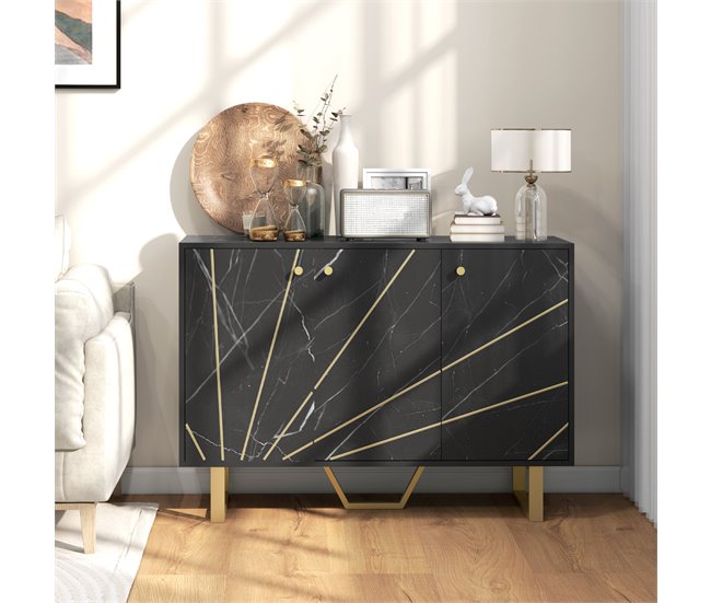 Conforama HOMCOM Aparador Moderno Aparador De Salón Con 2 Puertas Y Estante Ajustable Mueble Auxiliar Para Salón Con Efecto Mármol Antivuelco 107x35x75 Cm Negro Y Dorado